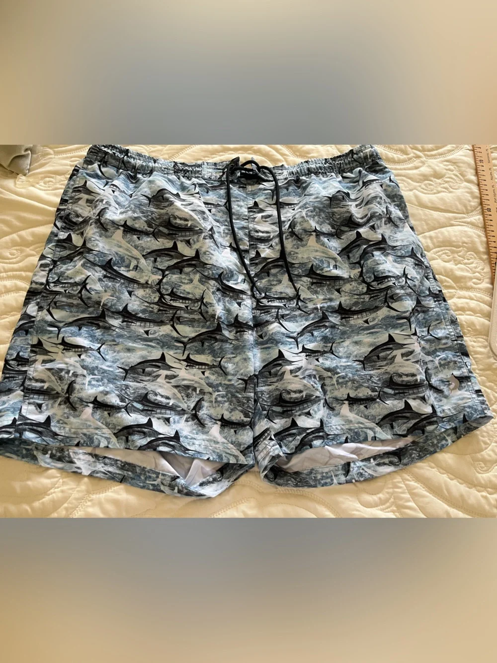 Reel Legends Blue Shark-Pattern Swim Trunks XL
